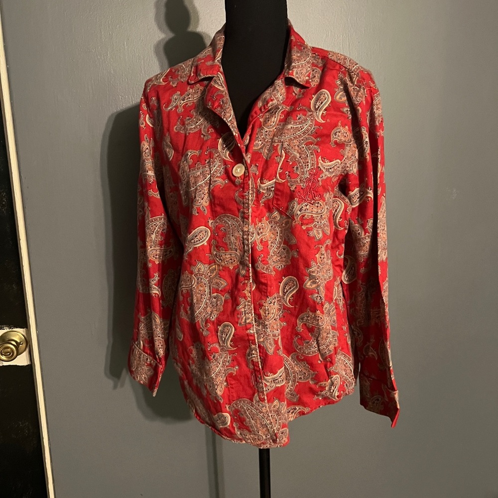 Lauren Ralph Blouse Top Shirt Large Red Paisley